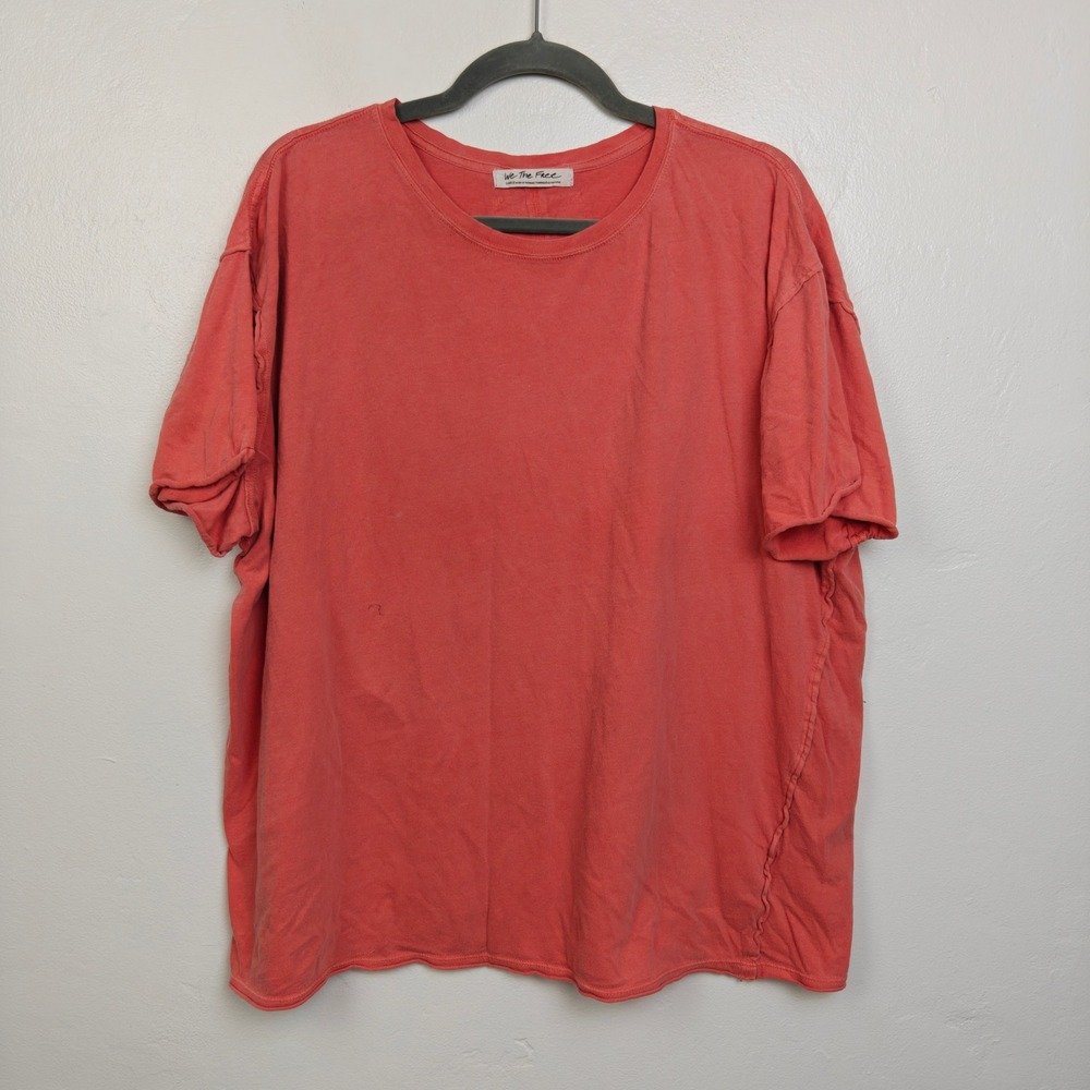 Free People We The Free Womens Top Large Coral Red Raw Hem Oversized Tee Boho - Picture 2 of 9